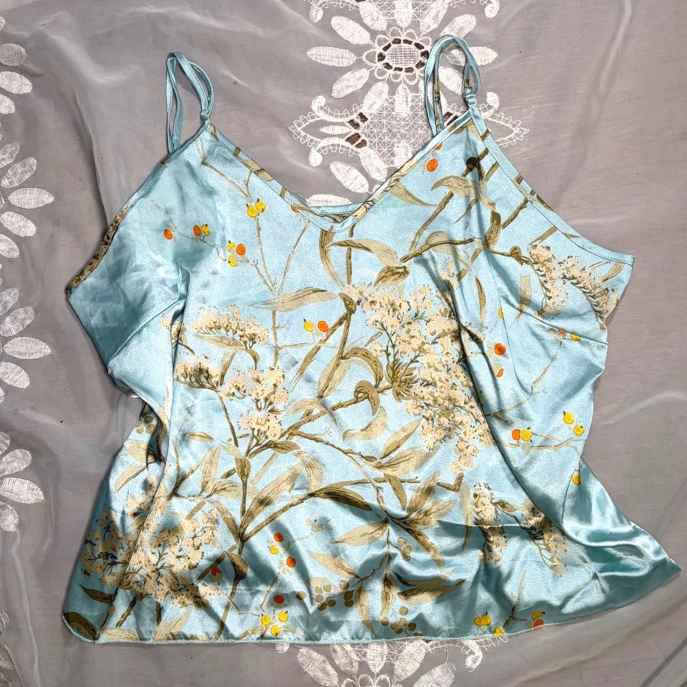 Cottage Core Light Blue Floral Satin Camisole V-Neck Adjustable Strap Tank XL